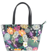 Tote bag with colorful floral and cactus pattern on a white background