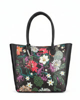 Floral-patterned tote handbag with black handle on a white background