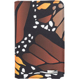 A slim passport holder featuring a printed monarch butterfly wing pattern.