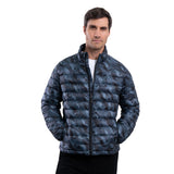 Man wearing a blue camouflage puffer jacket on a white background