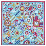 Colorful patterned scarf with abstract designs on a blue background