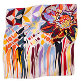 A square silk scarf featuring a vibrant, multicolored abstract floral and geometric print.