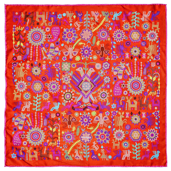 HUICHOL SPIRIT LARGE SCARF – COLORFUL BOHO WRAP WITH INDIGENOUS MEXICAN ART DESIGN - Pineda Covalin US