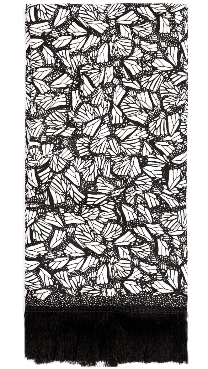 Black and white patterned silk shawl wiith velvet with butterfly design on a white background