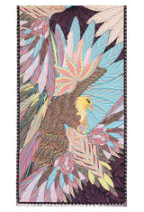 Colorful patterned jackard silk shawl with an eagle design on a white background