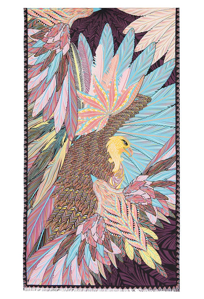 Colorful patterned jackard silk shawl with an eagle design on a white background