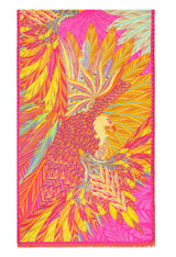 Colorful patterned jackard silk shawl with an eagle design on a white background