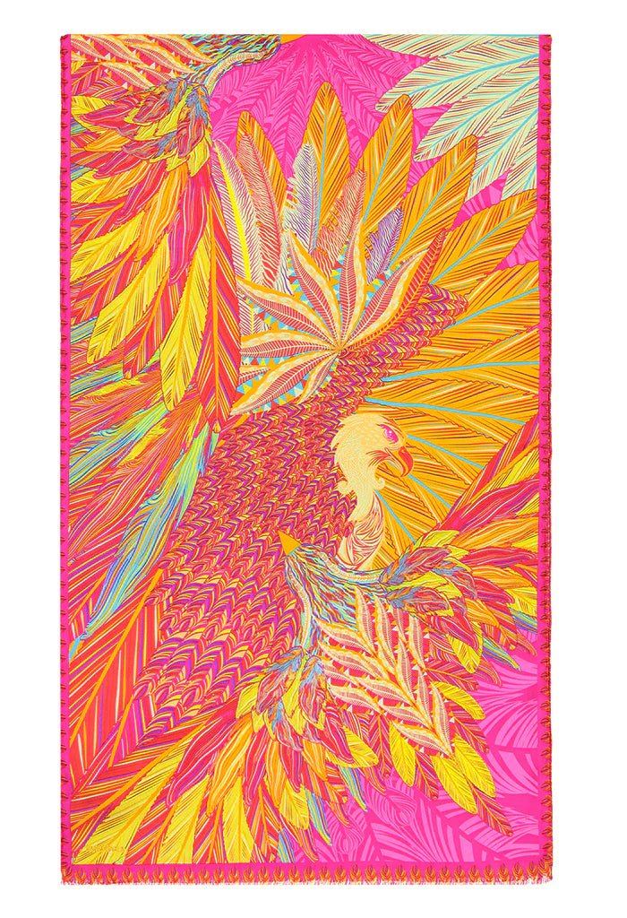 Colorful patterned jackard silk shawl with an eagle design on a white background