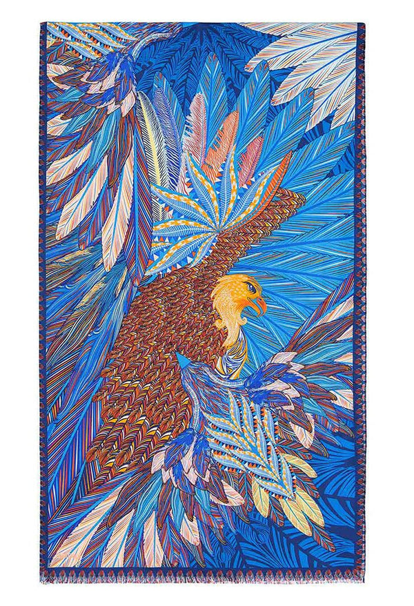 Colorful patterned jackard silk shawl with an eagle design on a white background