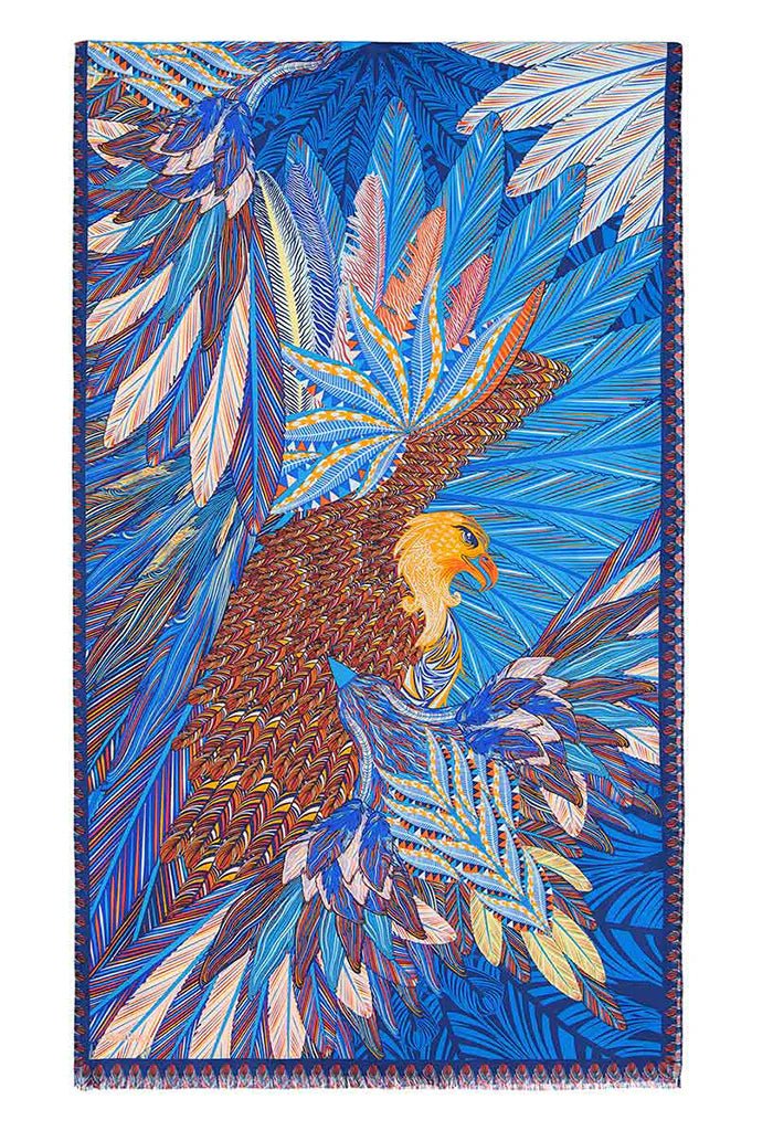 Colorful patterned jackard silk shawl with an eagle design on a white background