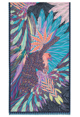 Colorful patterned jackard silk shawl with an eagle design on a white background