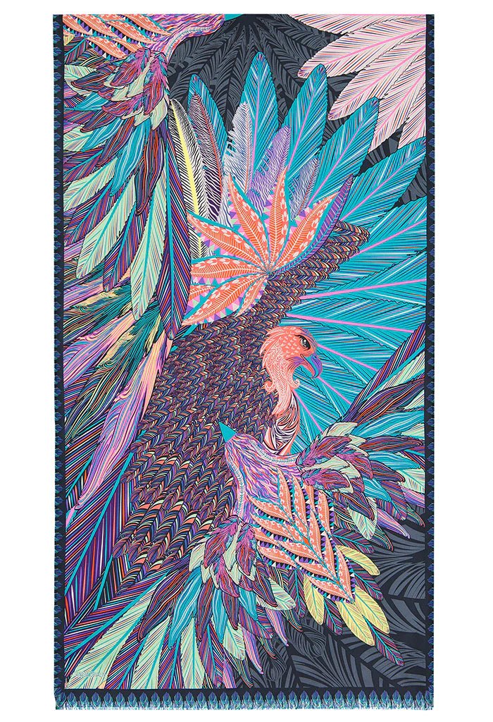 Colorful patterned jackard silk shawl with an eagle design on a white background