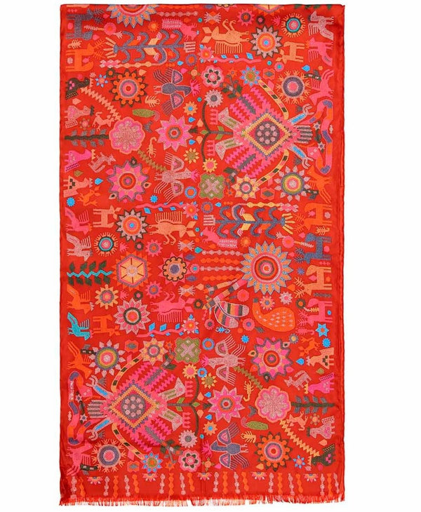HUICHOL ART SILK SHAWL – HANDMADE COLORFUL MEXICAN SILK SCARF FOR WOMEN - Pineda Covalin US