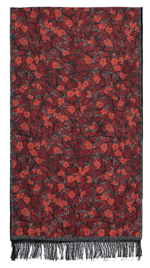 Red and black patterned silk shawl wiith velvet with fringes on a white background
