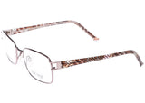 A pair of eyeglasses with a brown and pink mesh market bag design.